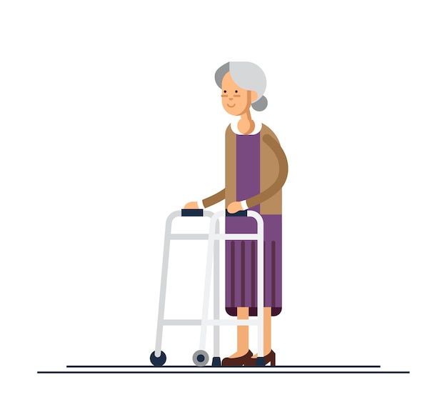 歩行器を持って歩く祖母 フラットスタイルのイラスト プレミアムベクター