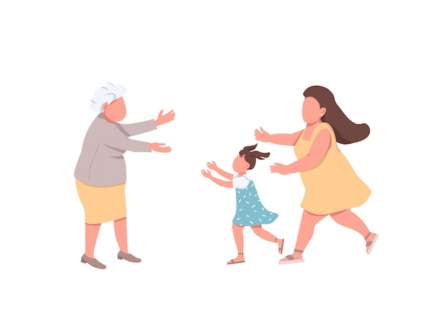 祖母は親戚のフラットカラーの顔のないキャラクターを歓迎します 娘を持つ母がおばあちゃんを訪ねる 幸せな家族の再会は Webグラフィックデザインとアニメーションの漫画イラストを分離しました プレミアムベクター