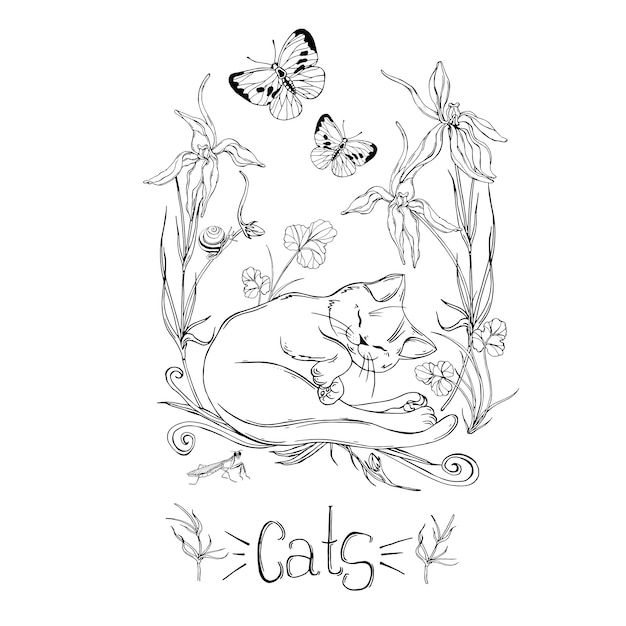 Premium Vector | Graphic cat with wildflowers with insects