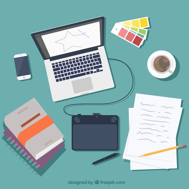 Graphic design workspace background with desk and tools Vector | Free ...