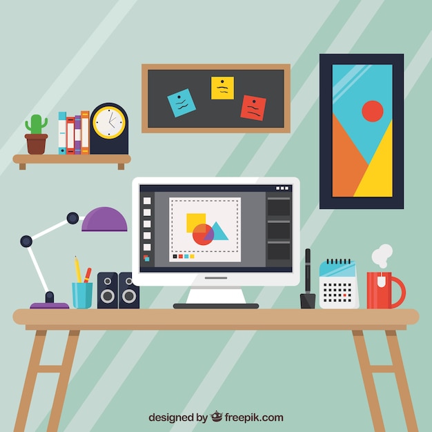 Graphic Design Workspace Background With Desk And Tools Free Vector