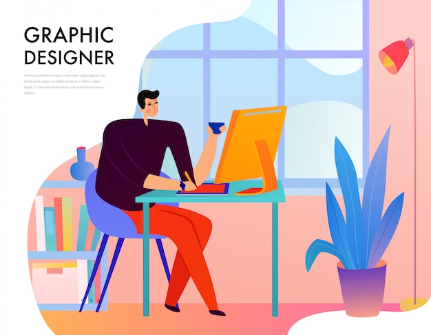 Graphic Designer During Creative Work Behind Desk With Computer On