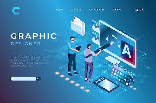 Graphic designer illustrations in working on projects, designing artwork in isometric 3d style Premi
