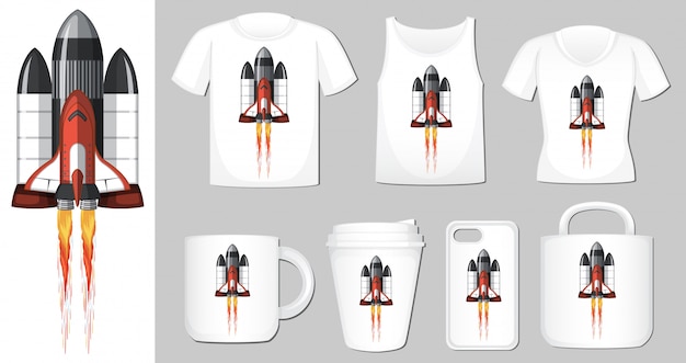 Graphic of spaceship on different product templates Free Vector