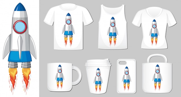 Graphic of spaceship on different types of product template Free Vector