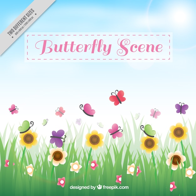 Grass background with flowers and\
butterflies