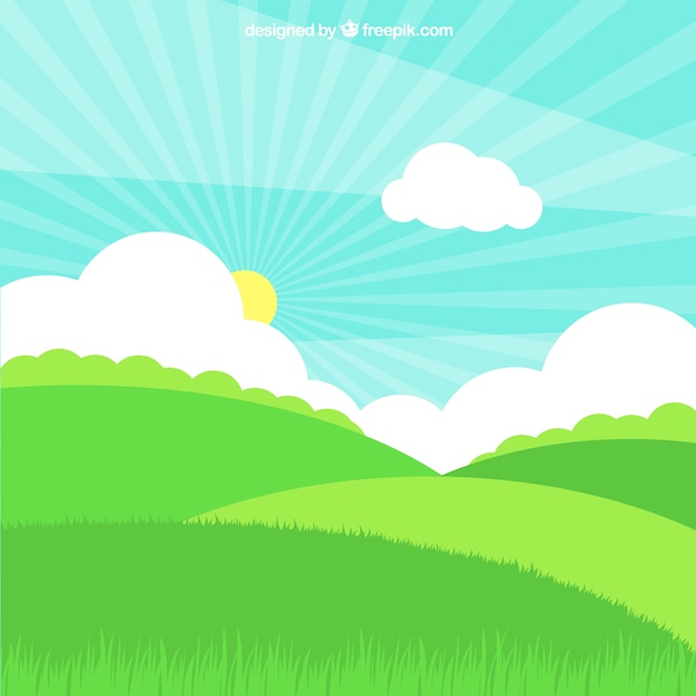 Grass field with sun and clouds in flat\
design