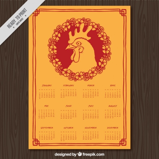 Great Calendar With Rooster And Floral Wreath Vector Free Download
