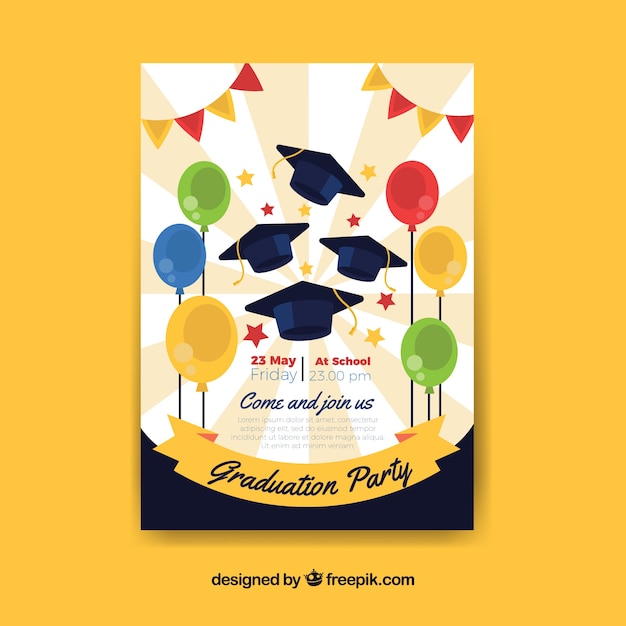 Free Vector | Great party poster with graduation caps and balloons