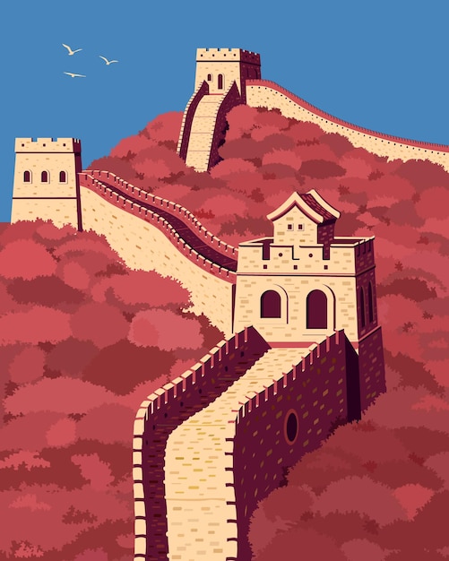 3色の万里の長城中国のランドマークベクトルイラスト プレミアムベクター