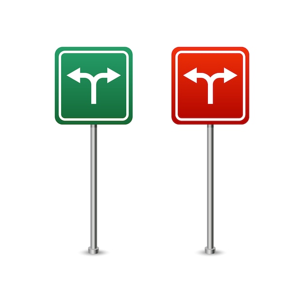 矢印ボードと緑と赤の高速道路標識 白い背景の上の孤立したベクトルイラスト プレミアムベクター