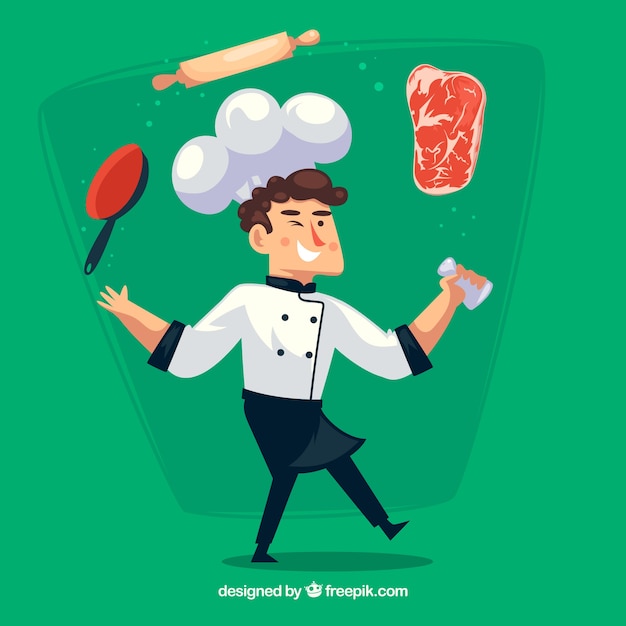 Green background of chef character with objects and ingredients Free Vector