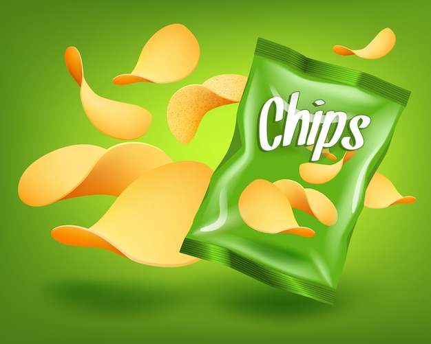 Green chips package mockup with yellow crispy snacks, advertising ...