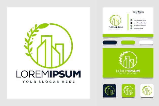 Premium Vector | Green city building with green leaf logo template and ...