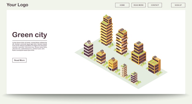 等角投影図 と緑の街のウェブページのテンプレート 屋根にソーラーグリッドを備えたスマートビルディング エコタウン 持続可能な環境 ウェブサイトのインターフェース デザイン ランディングページの3dコンセプト プレミアムベクター