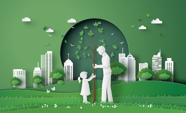 Green city with family Premium Vector