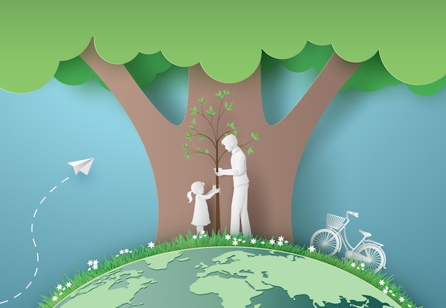  Green city with mom and girl .paper cut and digital craft style. Premium Vector