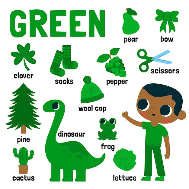 Colore Verde E Pacchetto Di Vocabolario In Inglese Per Bambini Vettore Gratis