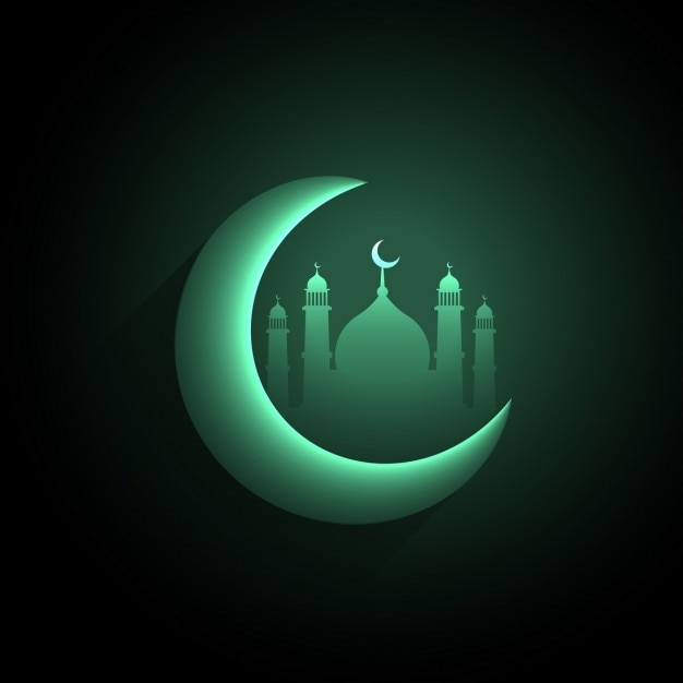 Green crescent moon with mosque\
background
