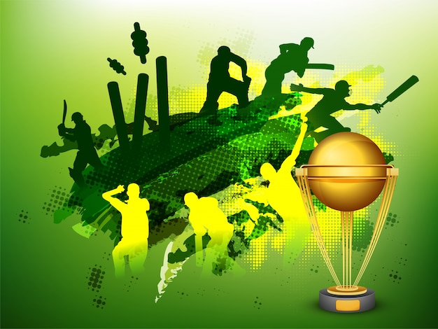 Green Cricket Sports background with
illustration of players and golden trophy cup.