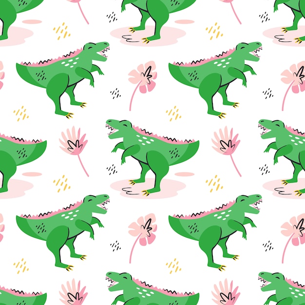 緑の恐竜かわいいフラット手描き漫画のシームレスなパターンの壁紙 先史時代の要素 古代の動物 カラフルなデザイン 白い背景で隔離されました プレミアムベクター
