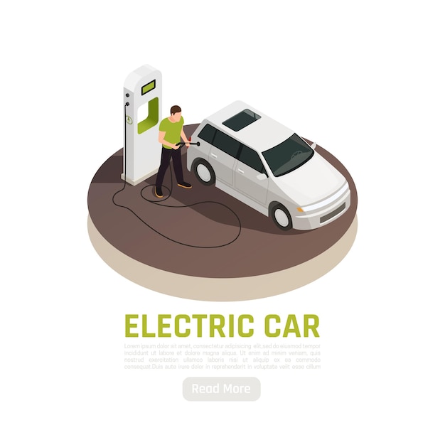 電気自動車充電ステーションの編集可能なテキストと続きを読むボタンを備えたグリーンエネルギーエコロジーアイソメトリックイラスト 無料のベクター