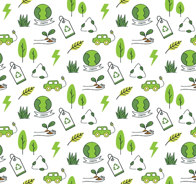 Premium Vector | Green environment doodle seamless background