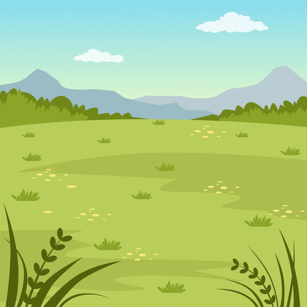 緑の野原 田舎の夏の風景 自然の背景イラスト プレミアムベクター