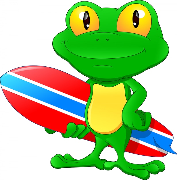 サーフィンボードを保持している緑のカエル漫画 プレミアムベクター