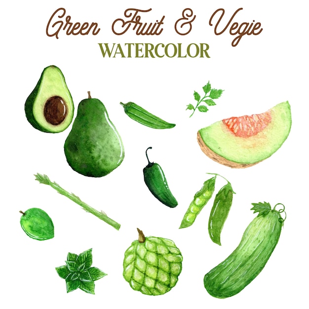 Premium Vector | Green fruits and vegetables watercolor illustration