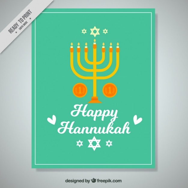Green greeting card with coins and candelabra\
for hanukkah