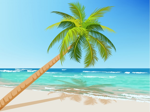 Free Vector | Green palm tree growing above blue sea. waves on water