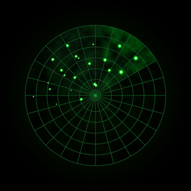 暗闇の中で分離された緑のレーダー 軍事検索システム Hudレーダー表示 ベクトルイラスト プレミアムベクター