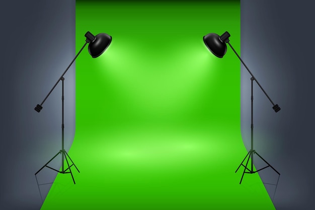 Premium Vector | Green screen studio interior with spotlights. empty ...