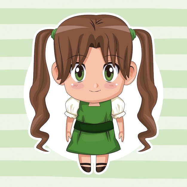 Green Striped Background With Circular Frame And Cute Anime