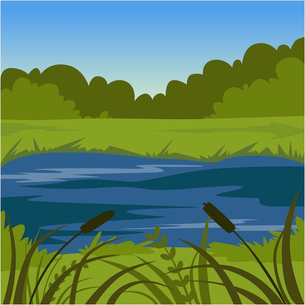 Premium Vector | Green summer landscape with lake, nature background ...