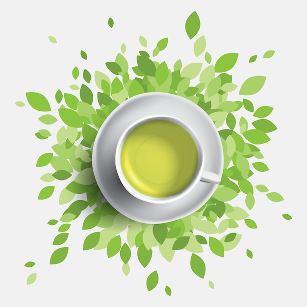 緑茶カップのイラスト お茶のマグカップと緑の葉 健康の概念 プレミアムベクター