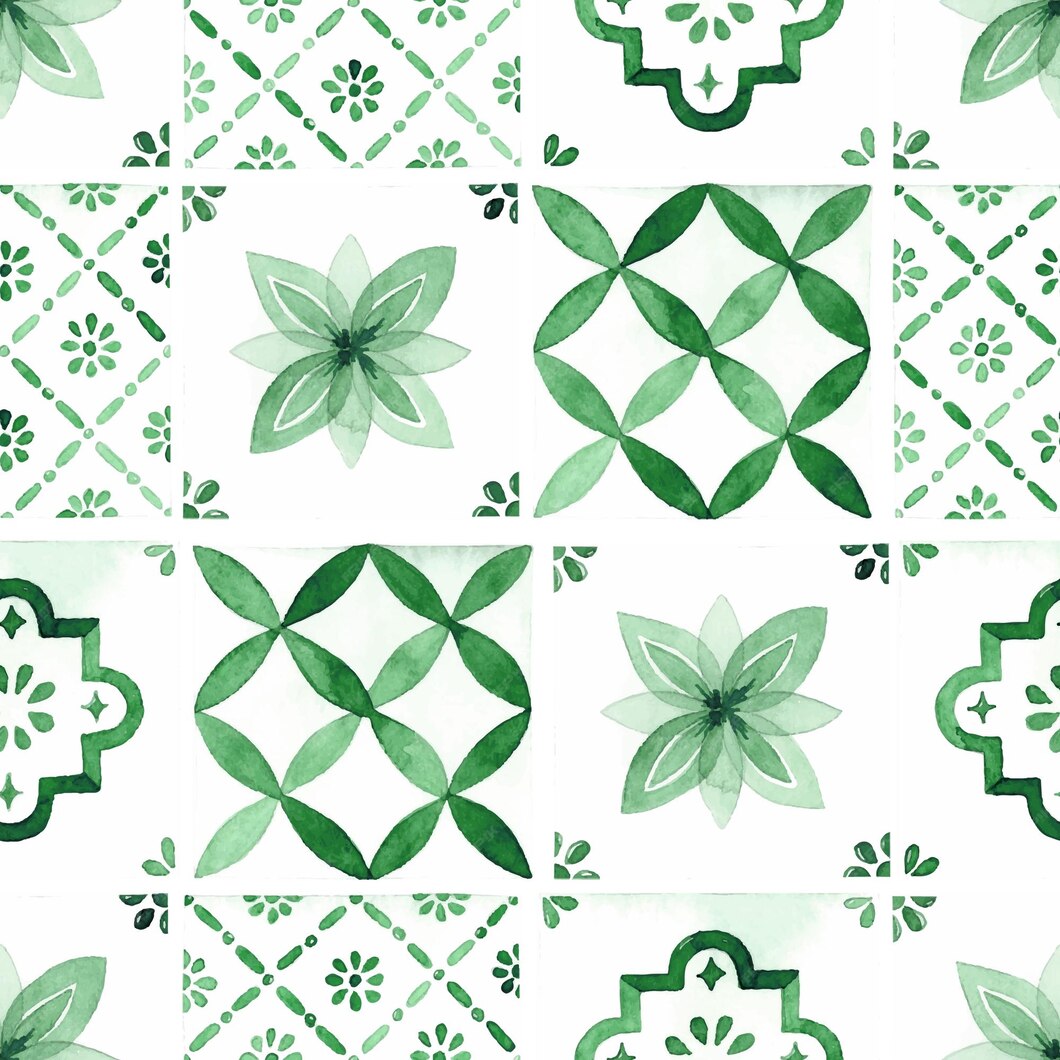 Premium Vector | Green traditional tiles watercolor seamless pattern