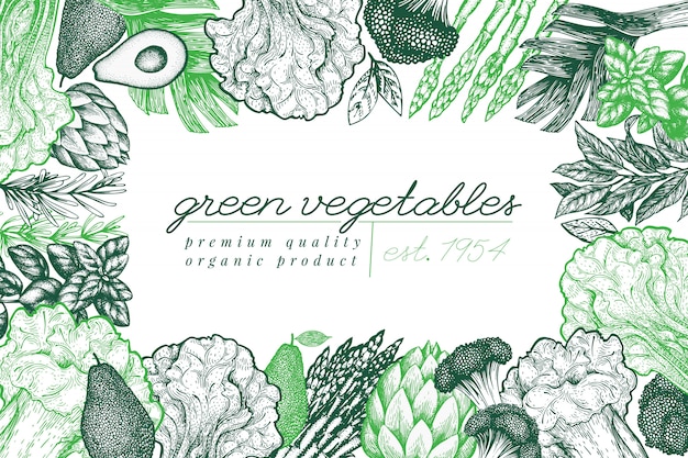 緑の野菜の背景デザイン 手描きの背景食品イラスト 刻印入りスタイルの野菜フレーム プレミアムベクター