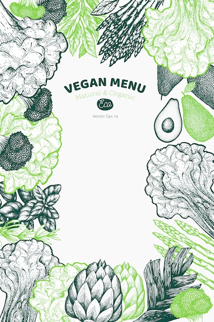 緑の野菜デザインの背景 手描きの背景食品イラスト 刻印入り野菜 プレミアムベクター