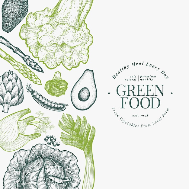 緑の野菜のデザインテンプレート 刻まれたスタイルの野菜料理イラスト プレミアムベクター