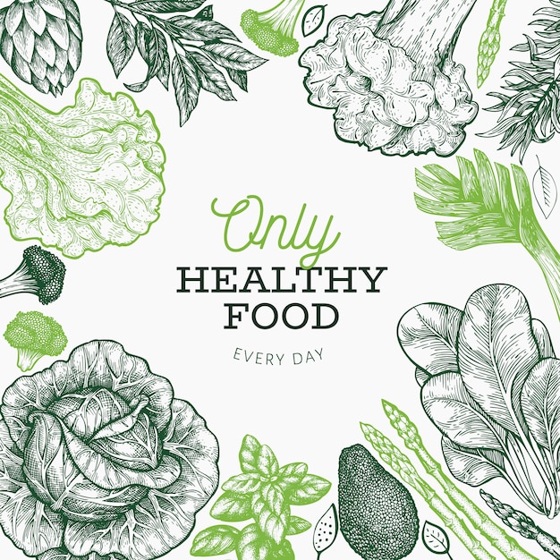 緑の野菜のデザインテンプレート 手描きベクトル食品イラスト 刻まれたスタイルの野菜 レトロな植物デザイン プレミアムベクター