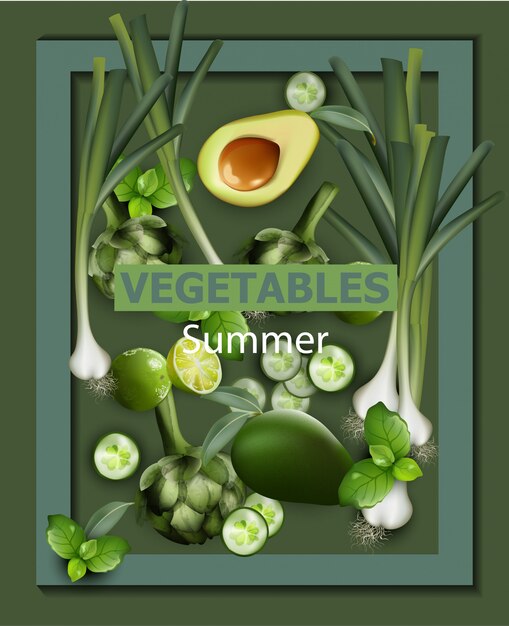アボカドと緑の野菜のイラスト プレミアムベクター