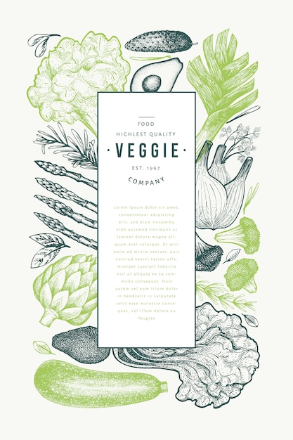 緑の野菜のテンプレートです 手描きの食べ物イラスト 刻印風野菜フレーム レトロな植物 プレミアムベクター