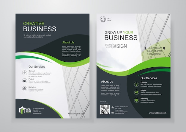 Green wavy business bifold brochure or flyer Premium Vector