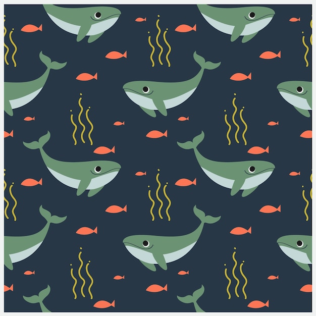 Premium Vector | Green whale and orange fish seamless pattern