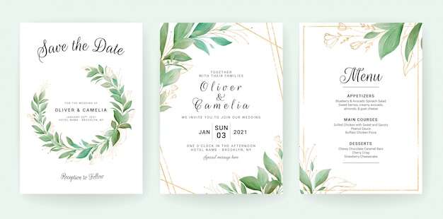 Greenery wedding invitation card template set with leaves wreath and ...