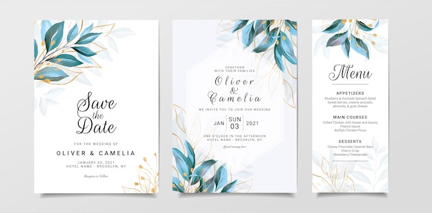 Templat kartu undangan pernikahan tanaman hijau dengan daun cat air dan vektor Premium glitter emas
