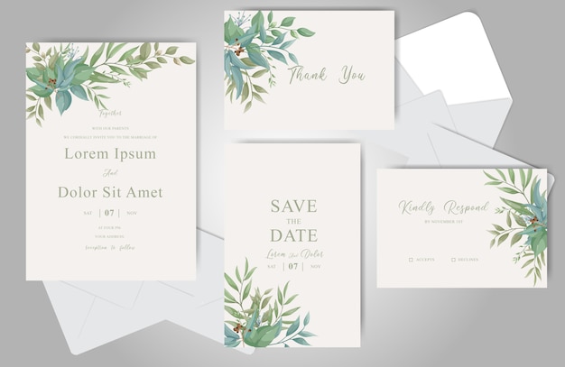 Premium Vector | Greenery wedding invitation cards set template