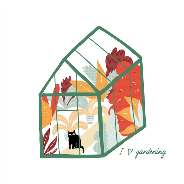 植物とかわいい猫がいる温室 温室のコンセプトです 植物園と手描きイラスト プレミアムベクター